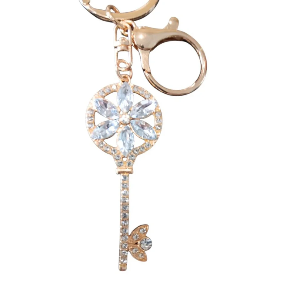 Skeleton Key Flower Rhinestone Keychain Purse Charm in Diamond Gold Tones